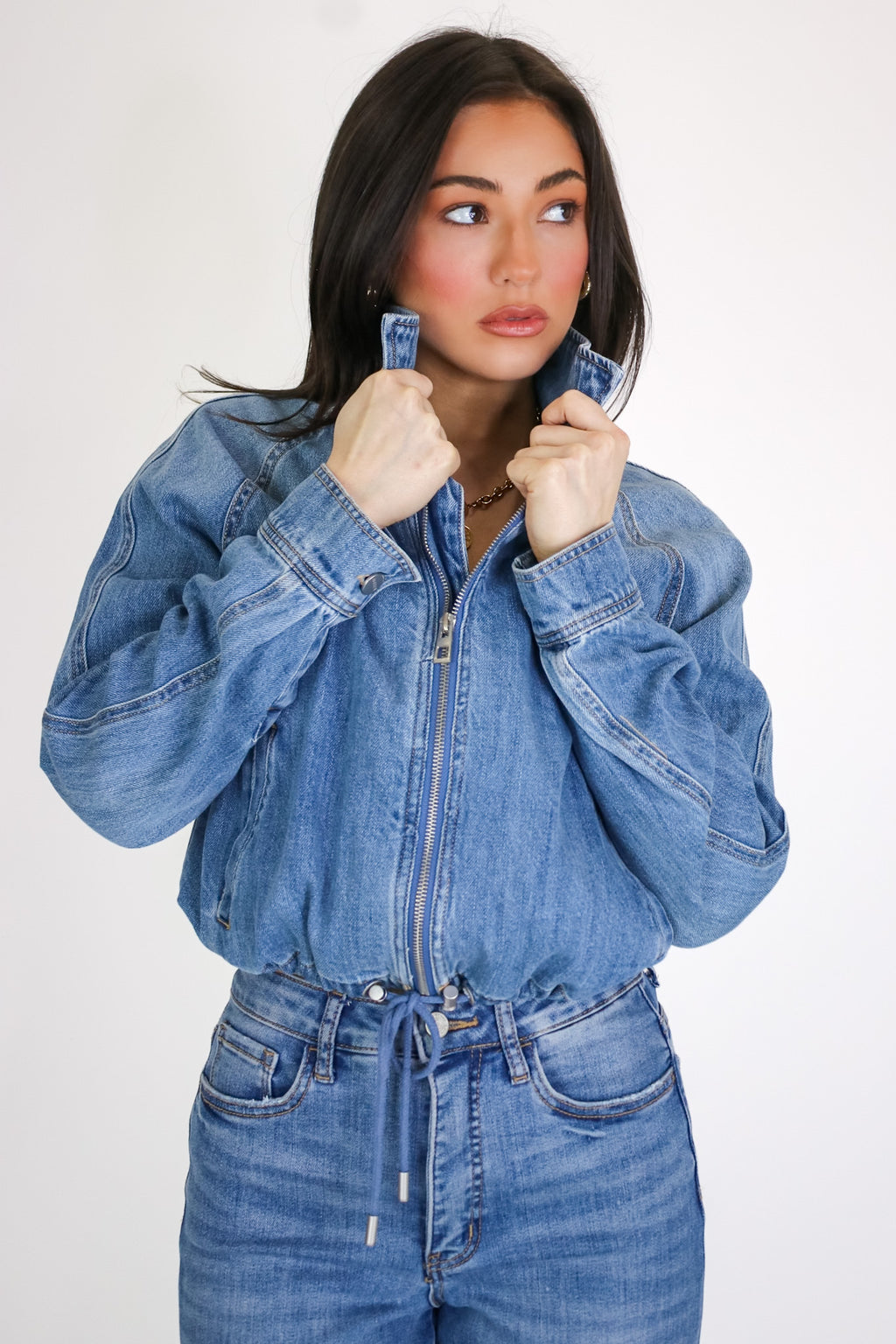 The Denim Hour Raglan Sleeve Bomber Jacket
