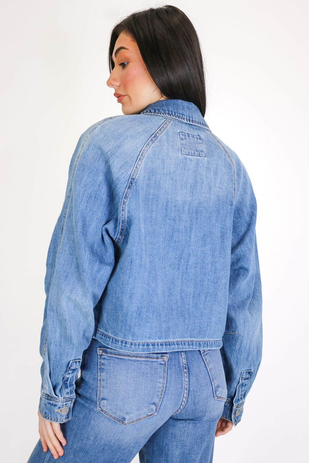 The Denim Hour Raglan Sleeve Bomber Jacket