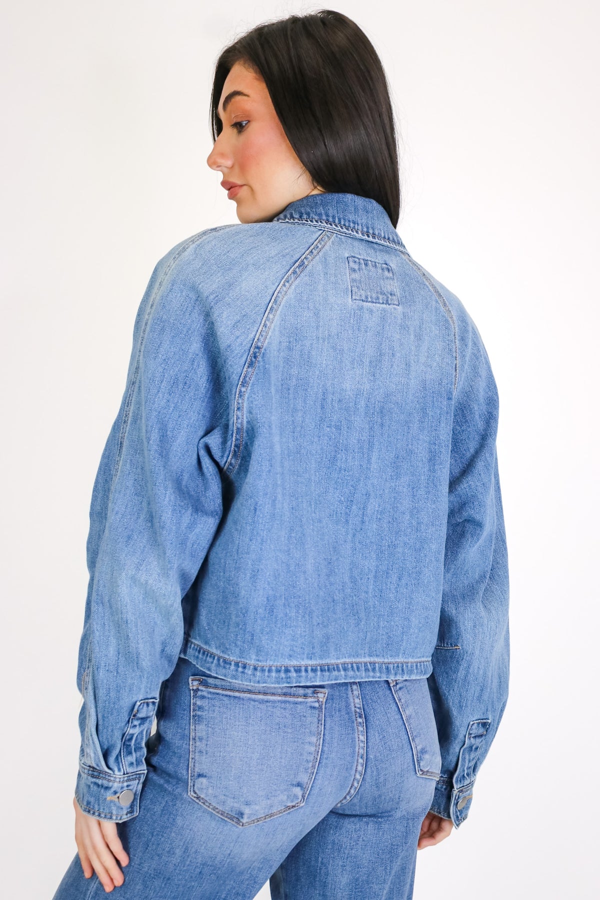 The Denim Hour Raglan Sleeve Bomber Jacket