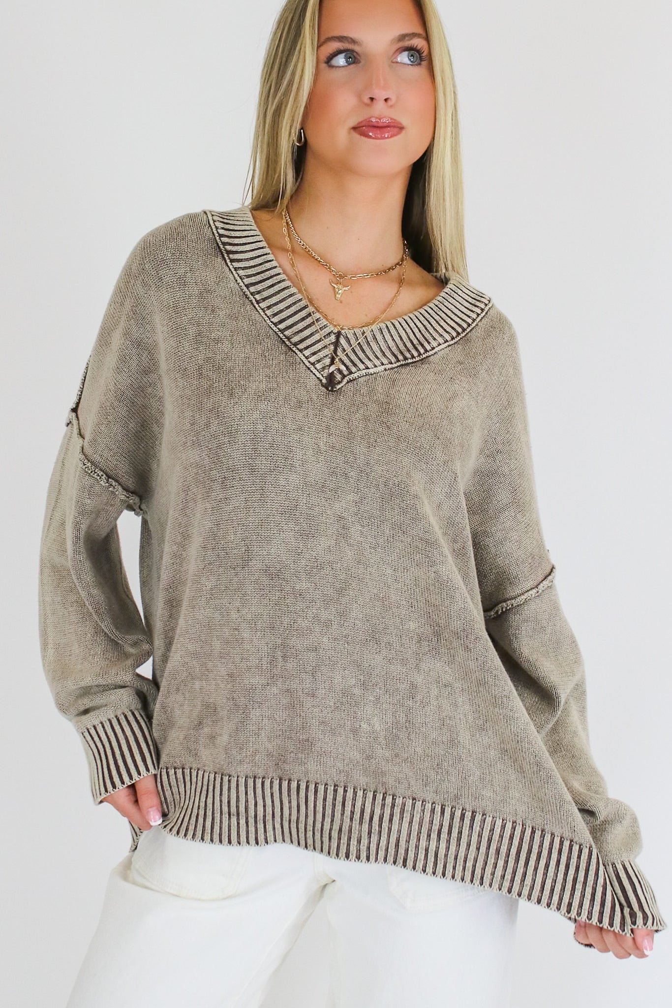 Brown / S The Easy Edge V-Neck Sweater - Madison and Mallory