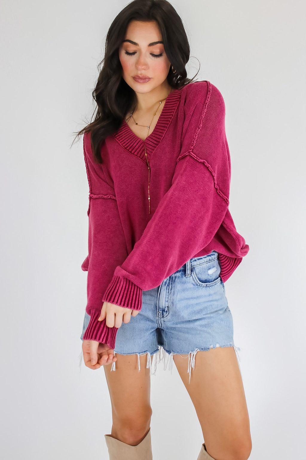 Cabernet / S The Easy Edge V-Neck Sweater - Madison and Mallory
