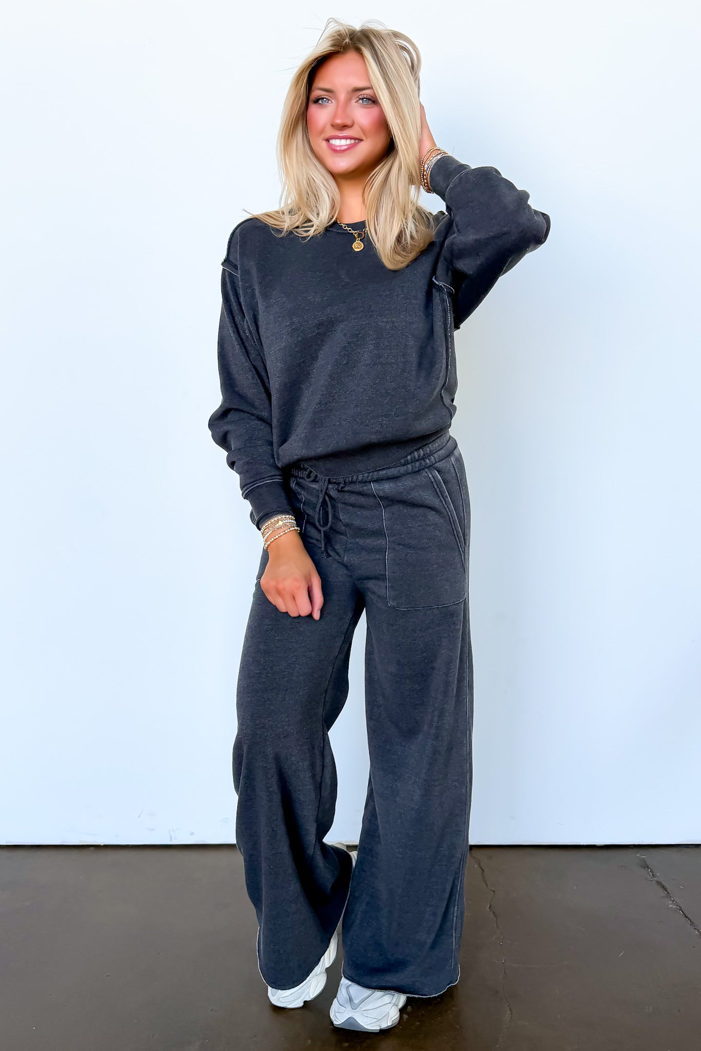 Black / S The Edge Mode Raw Edge Detail Burnout Sweatshirt and Wide Leg Pants - Madison and Mallory