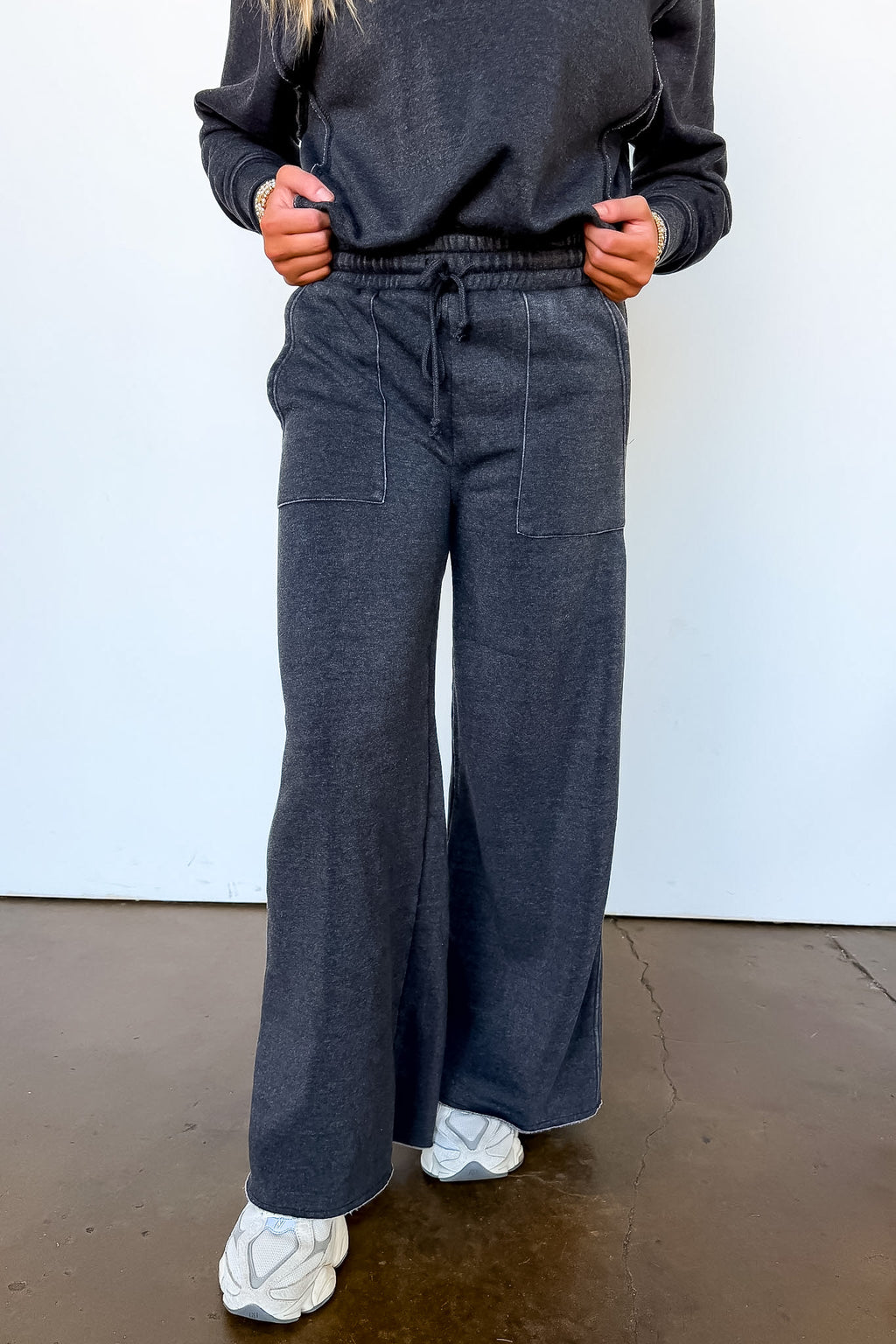 The Edge Mode Raw Edge Detail Burnout Sweatshirt and Wide Leg Pants - Madison and Mallory