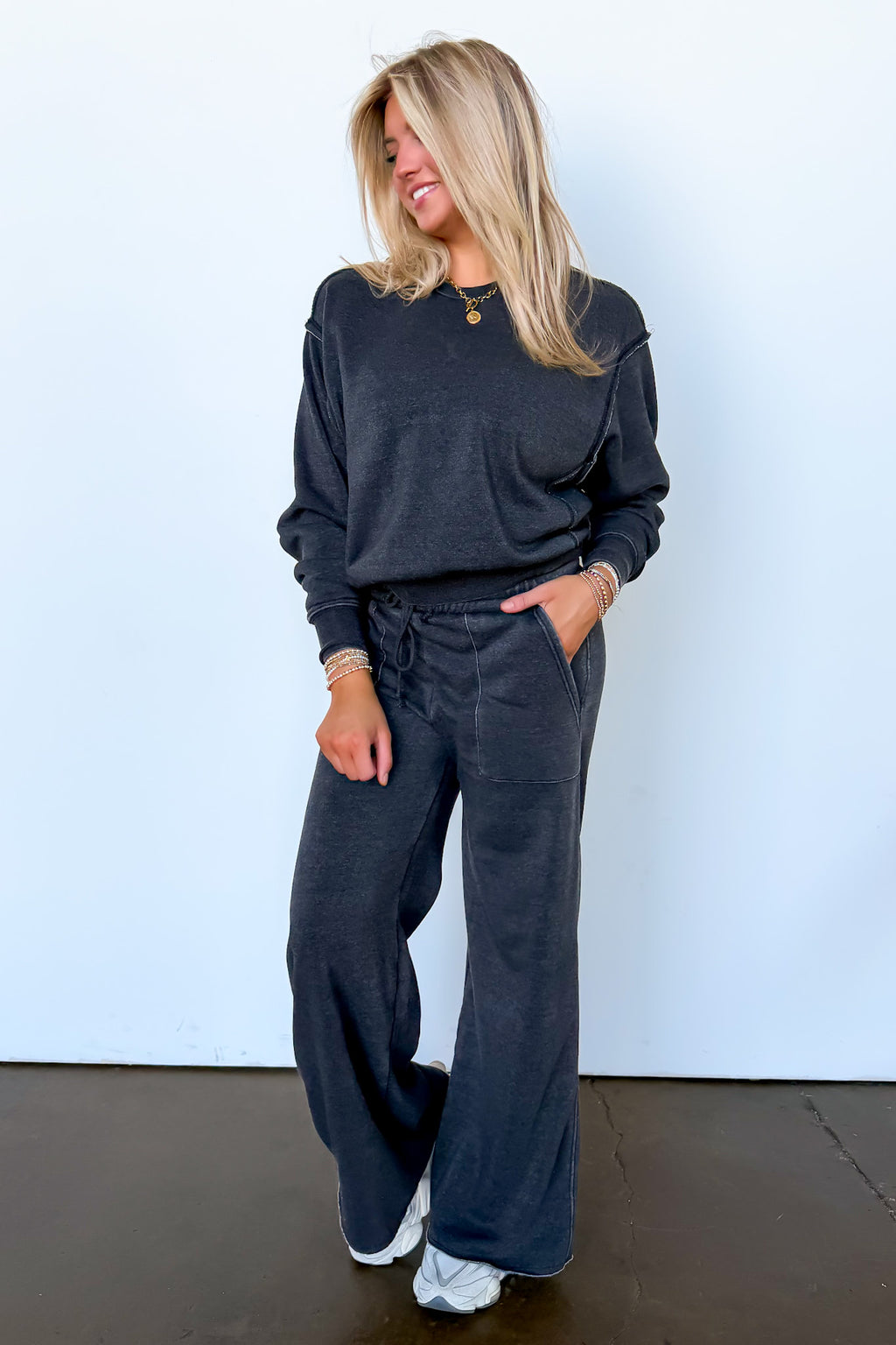The Edge Mode Raw Edge Detail Burnout Sweatshirt and Wide Leg Pants - Madison and Mallory