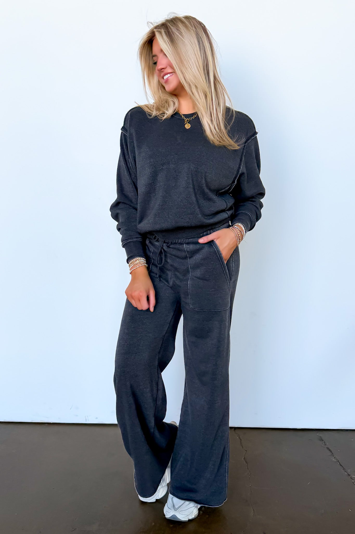 The Edge Mode Raw Edge Detail Burnout Sweatshirt and Wide Leg Pants - Madison and Mallory