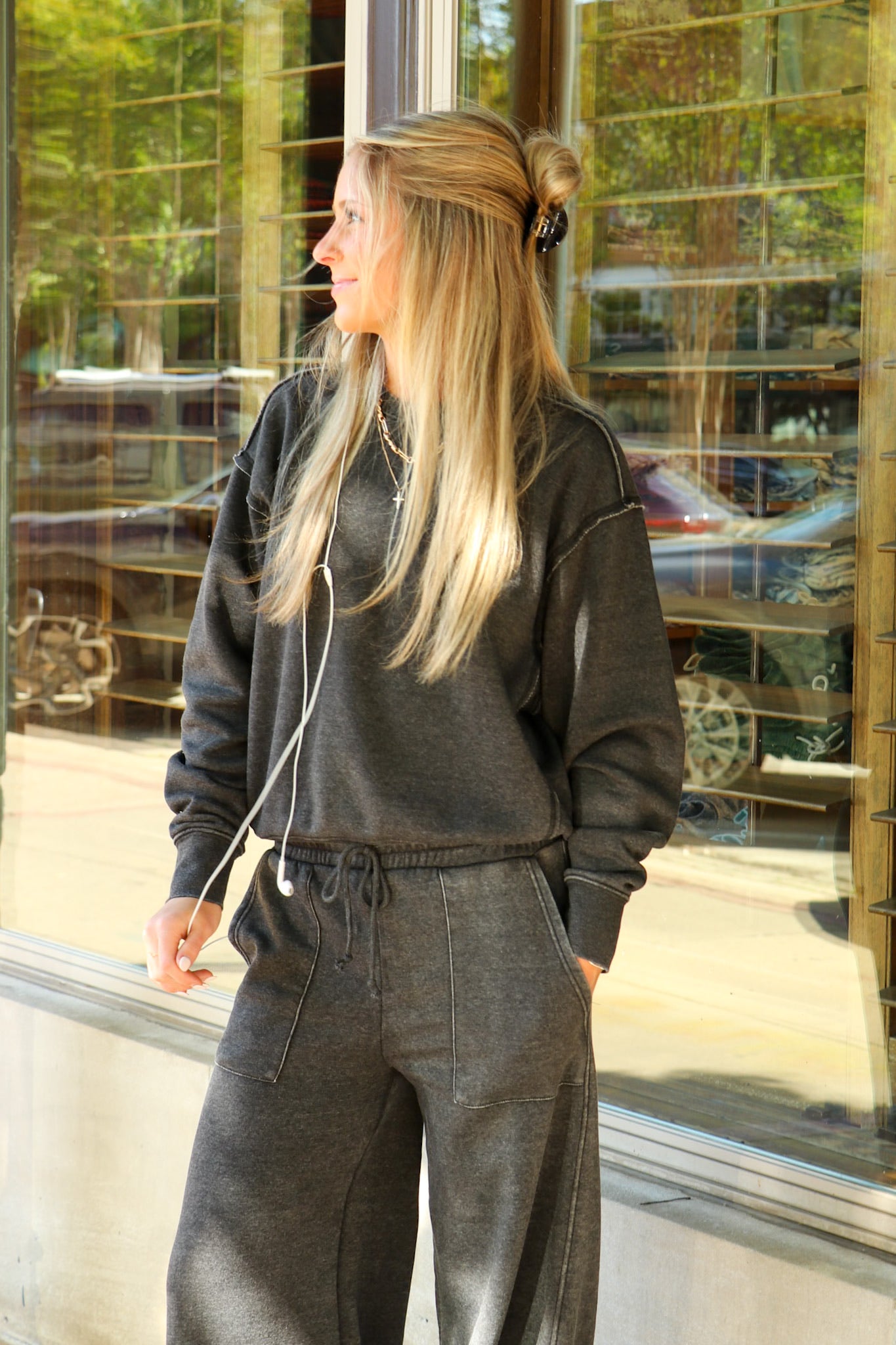 The Edge Mode Raw Edge Detail Burnout Sweatshirt and Wide Leg Pants - Madison and Mallory