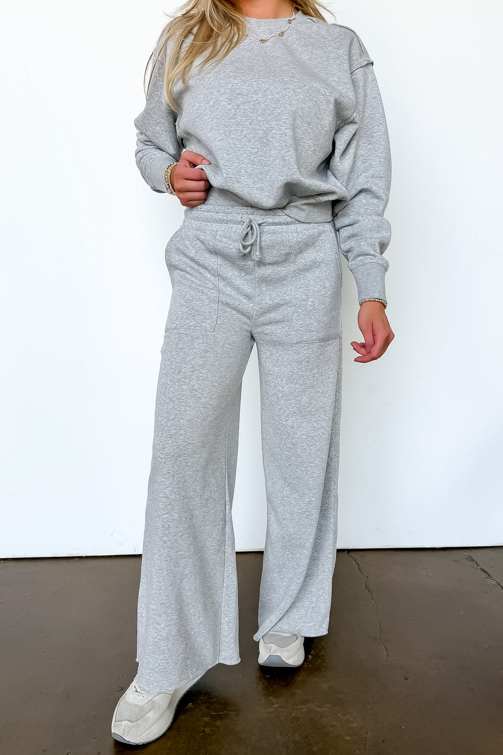 Heather Gray / S The Edge Mode Raw Edge Detail Burnout Sweatshirt and Wide Leg Pants - Madison and Mallory