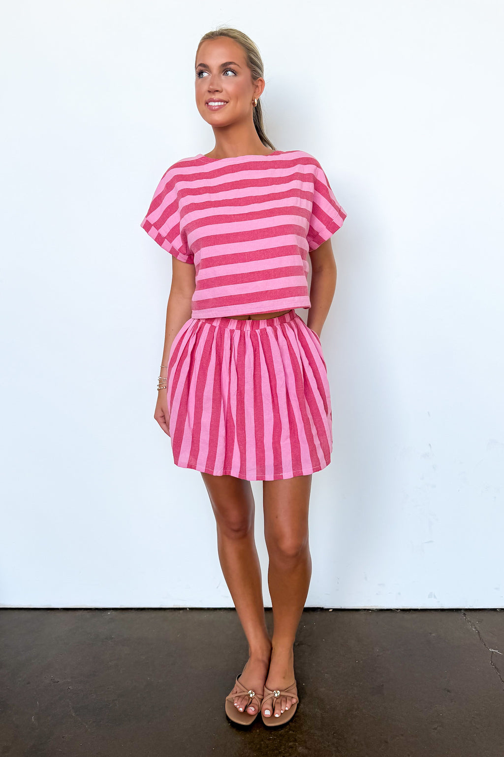 The Flirty Line Shirred Mini Skirt and Drop Shoulder Top - Madison and Mallory