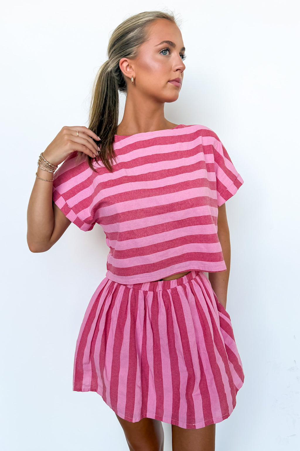 The Flirty Line Shirred Mini Skirt and Drop Shoulder Top - Madison and Mallory