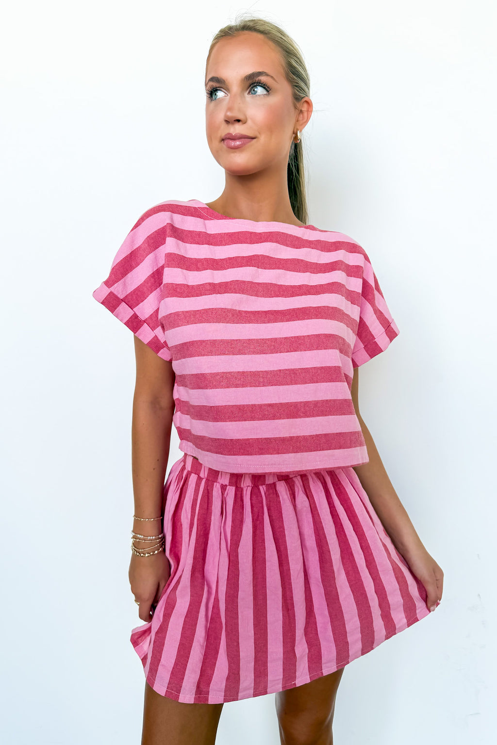 S / Red/Pink The Flirty Line Shirred Mini Skirt and Drop Shoulder Top - Madison and Mallory