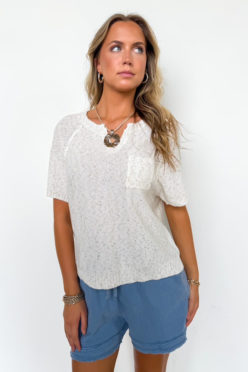 S / Oatmeal The Haze Blend Light Knit Melange Short Sleeve Top - Madison and Mallory
