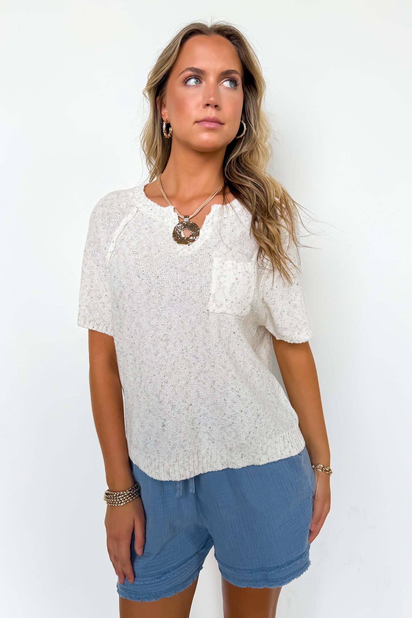 S / Oatmeal The Haze Blend Light Knit Melange Short Sleeve Top - Madison and Mallory