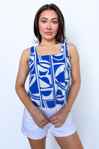 S / Cream Blue The Mosaic Geo Square Neck Tank Top - Madison and Mallory