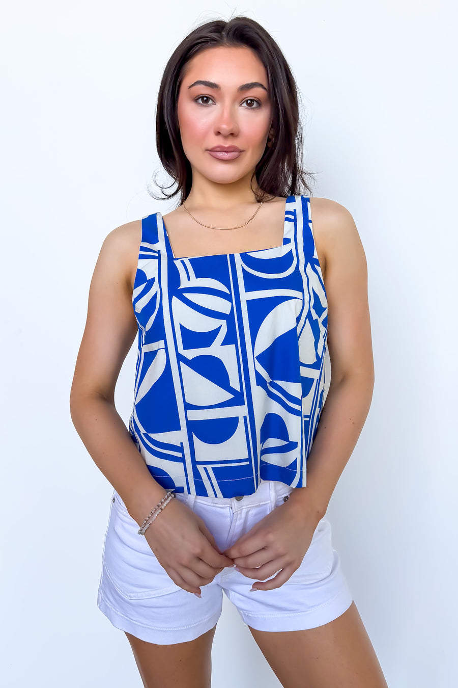 S / Cream Blue The Mosaic Geo Square Neck Tank Top - Madison and Mallory