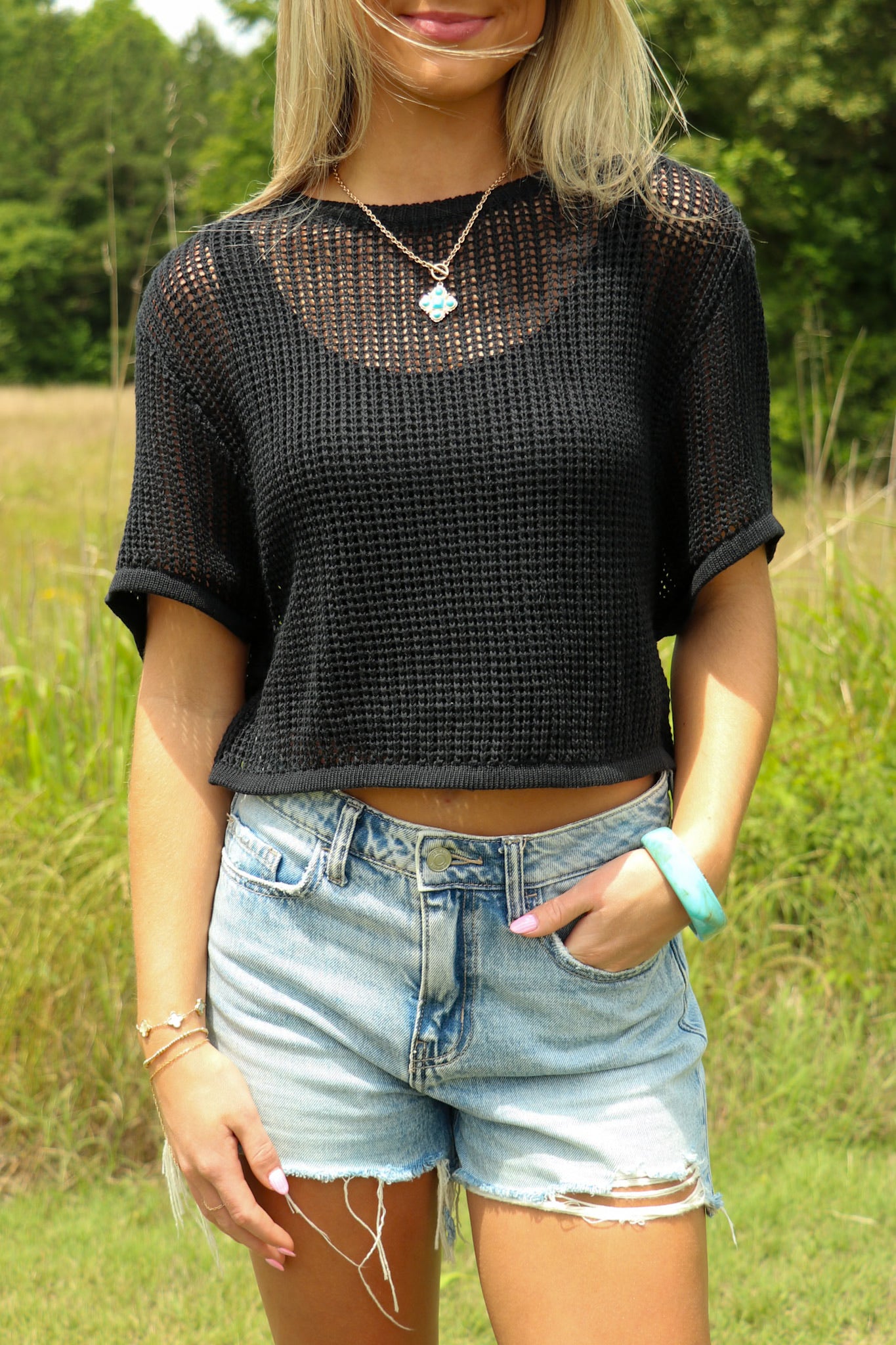Black / SM The Open Weave Knit Half Sleeve Top - Madison and Mallory