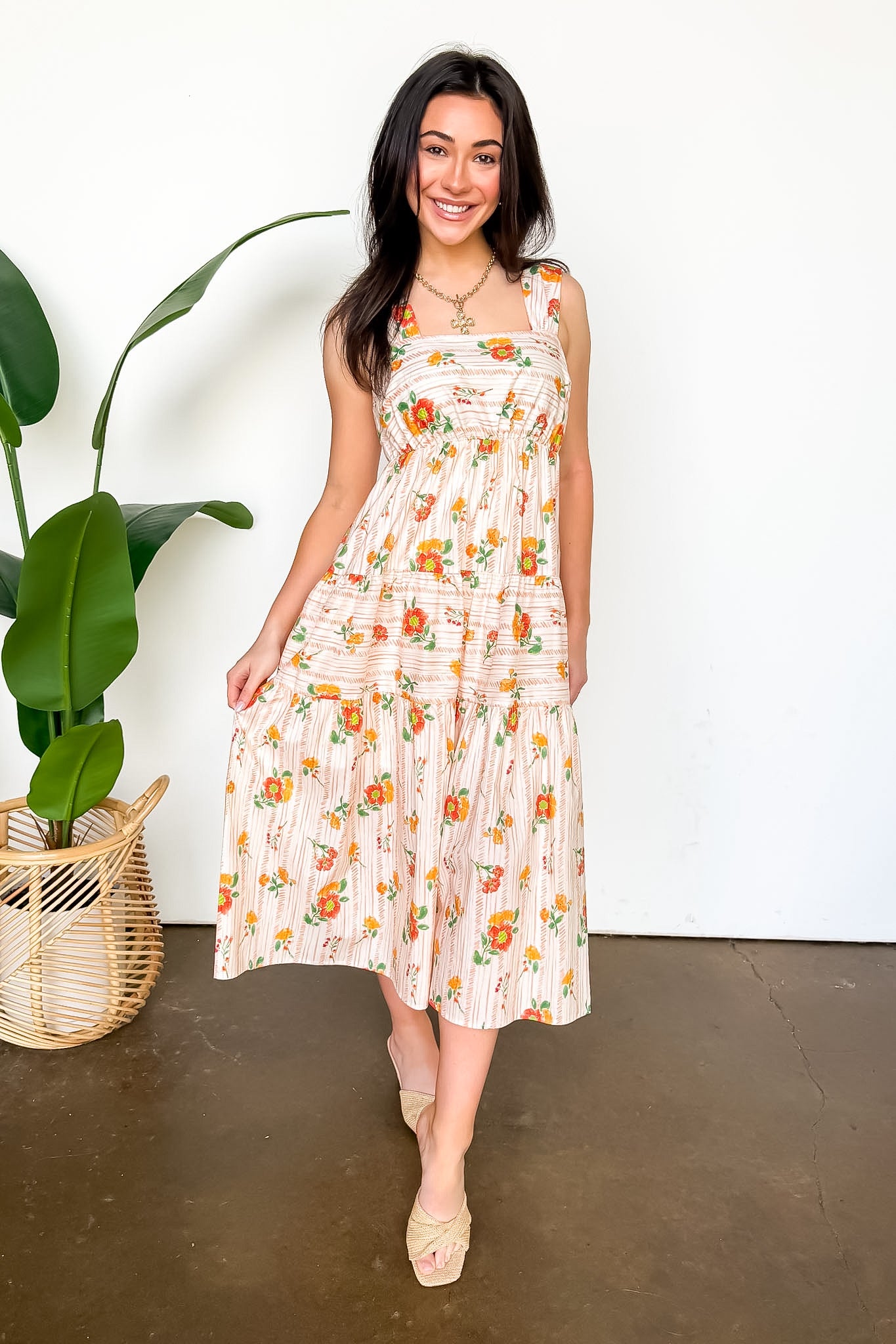 S / Orange Gold Multi The Petal Tier Floral Print Smocked Midi Dress - Madison and Mallory