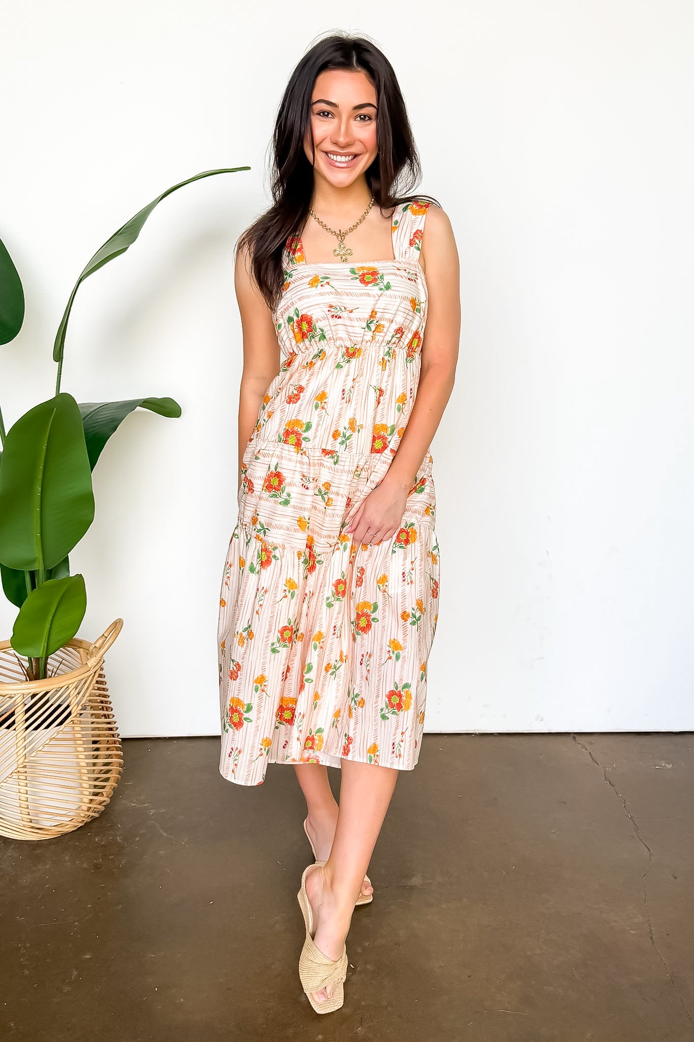The Petal Tier Floral Print Smocked Midi Dress S / Orange Gold Multi