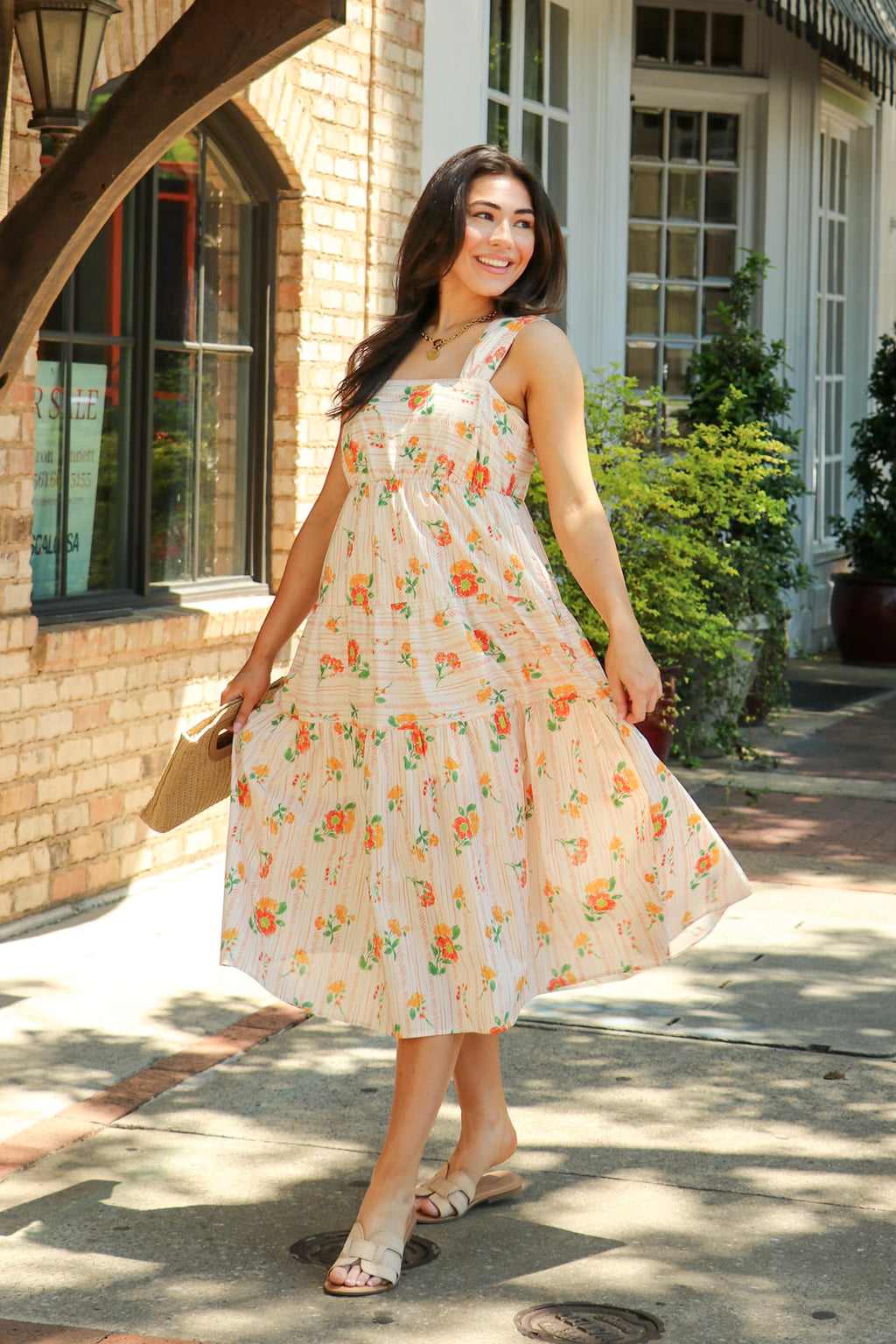 The Petal Tier Floral Print Smocked Midi Dress S / Orange Gold Multi