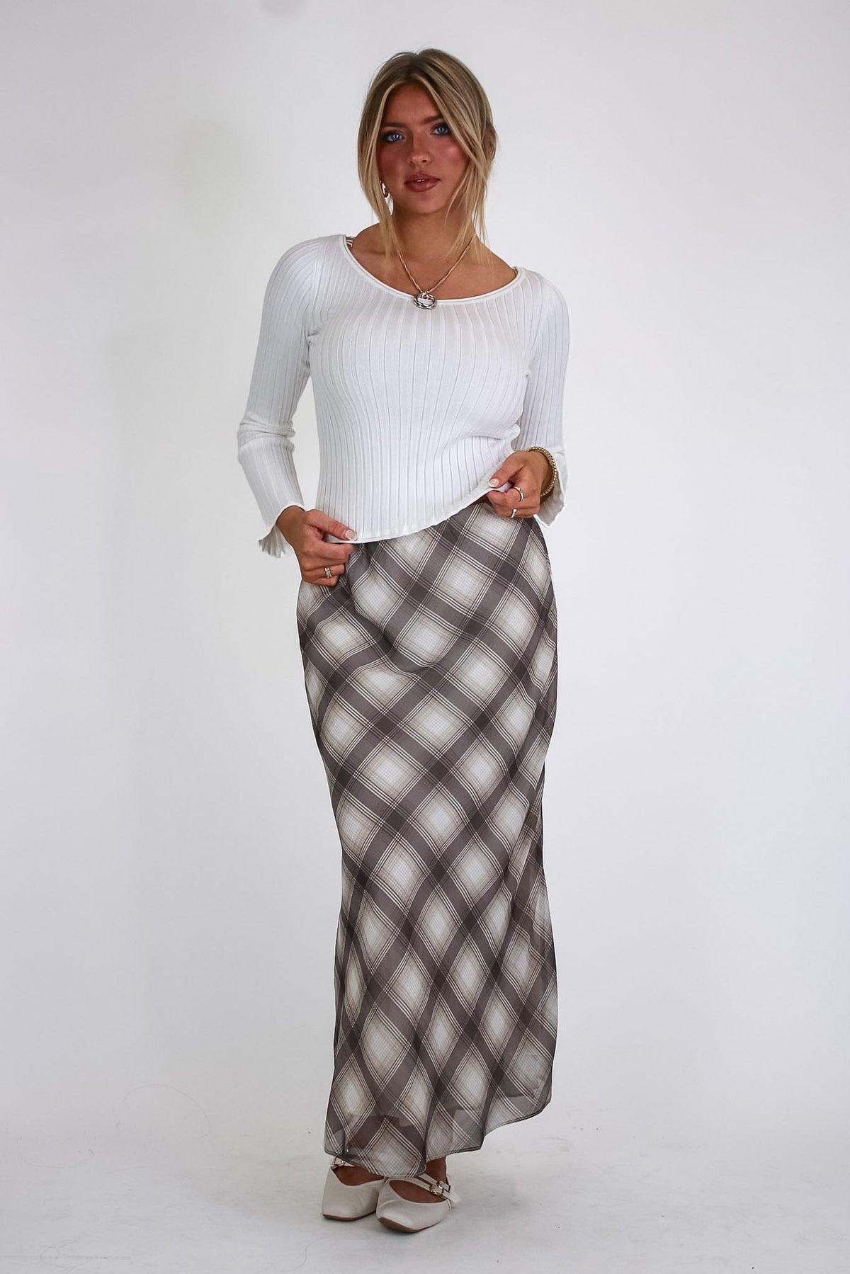 Taupe/Chocolate Plaid / S The Tartan Drift Chiffon Plaid Skirt - Madison and Mallory