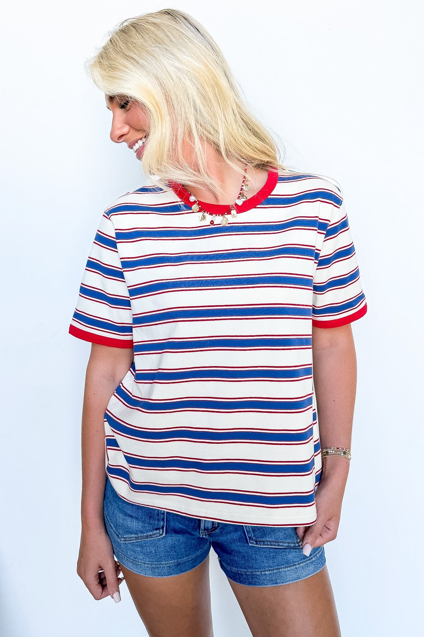 Ivory/Navy/Red / S The Vintage Line Contrast Ringer Tee - Madison and Mallory