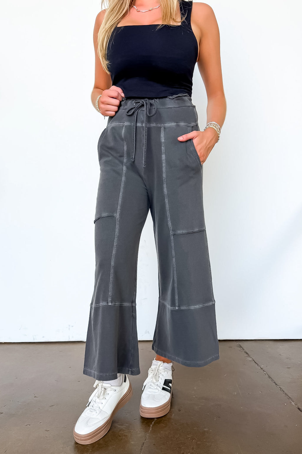 Black / S The Washed Edge French Terry Exposed Seam Wide Leg Pants - Madison and Mallory