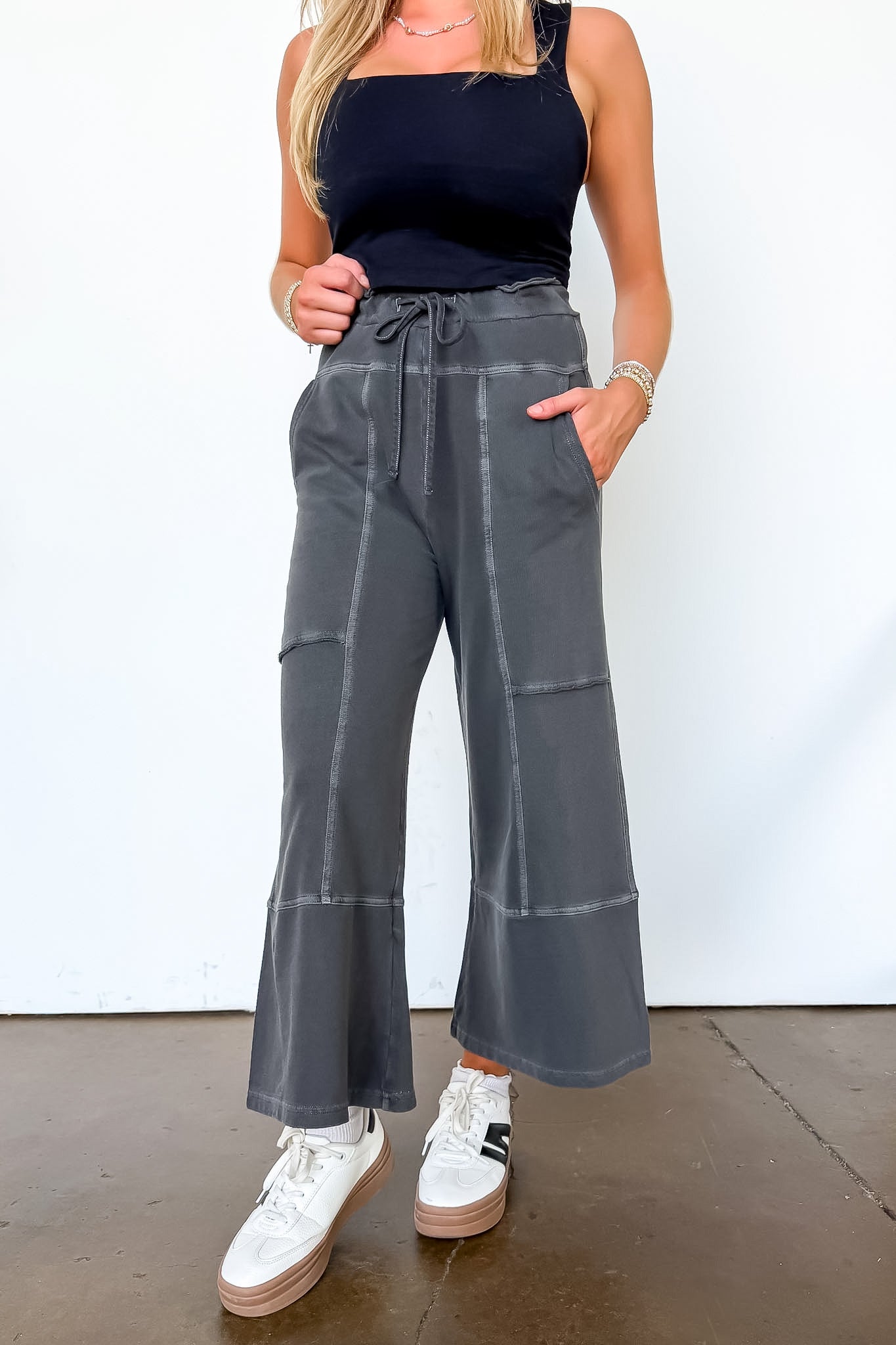 Black / S The Washed Edge French Terry Exposed Seam Wide Leg Pants - Madison and Mallory