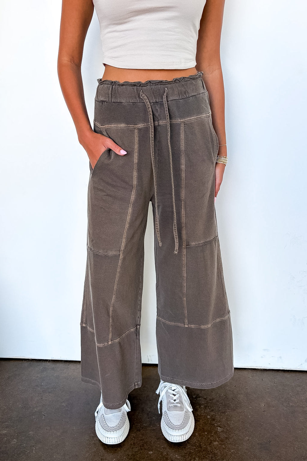 Brown / S The Washed Edge French Terry Exposed Seam Wide Leg Pants - Madison and Mallory