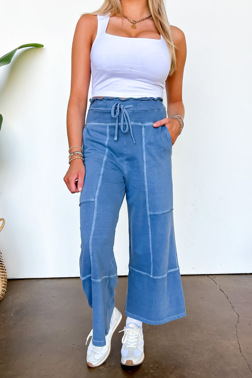 Dusty Blue / S The Washed Edge French Terry Exposed Seam Wide Leg Pants - Madison and Mallory
