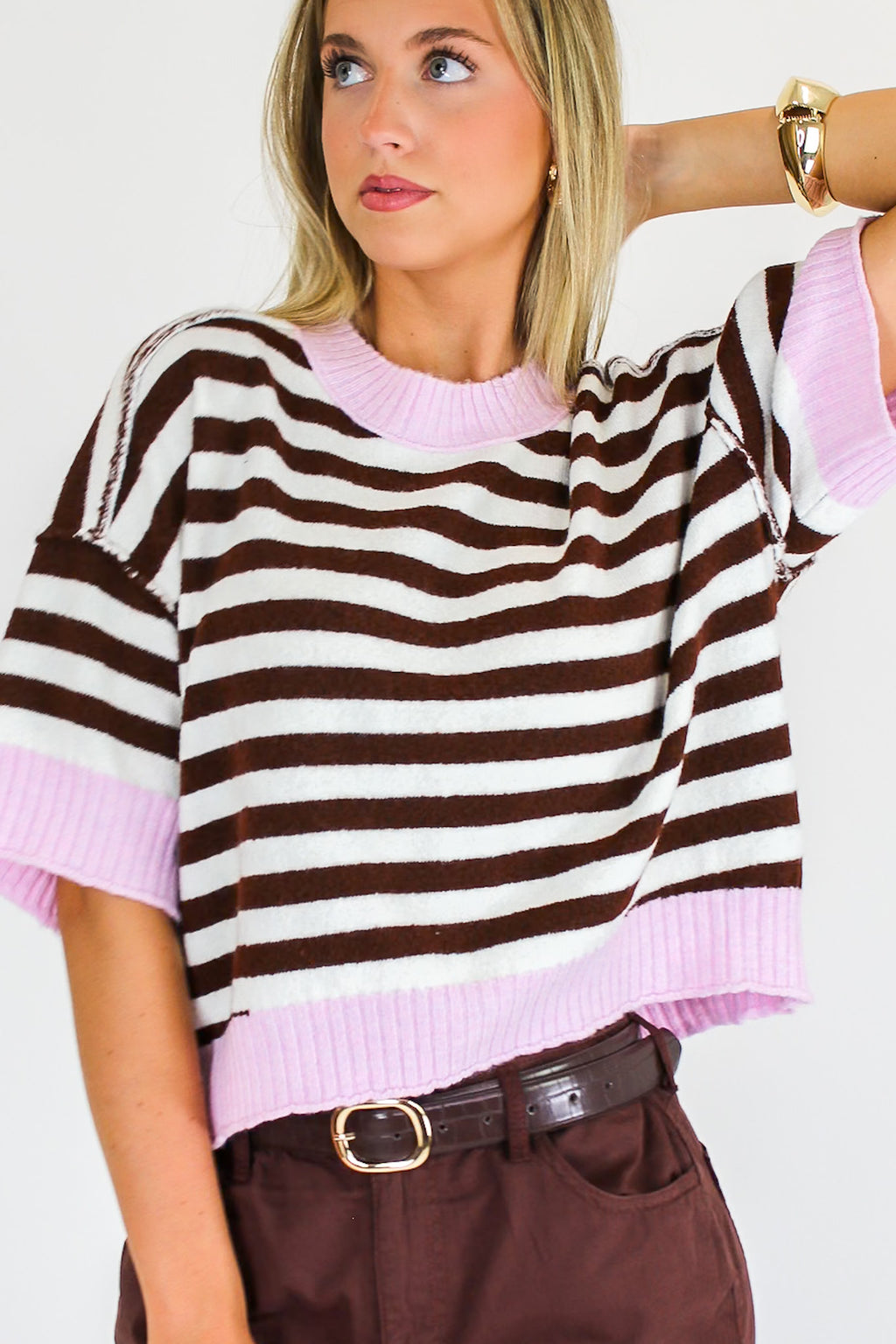Brown/Light Pink / S The Wren Striped Sweater - Madison and Mallory