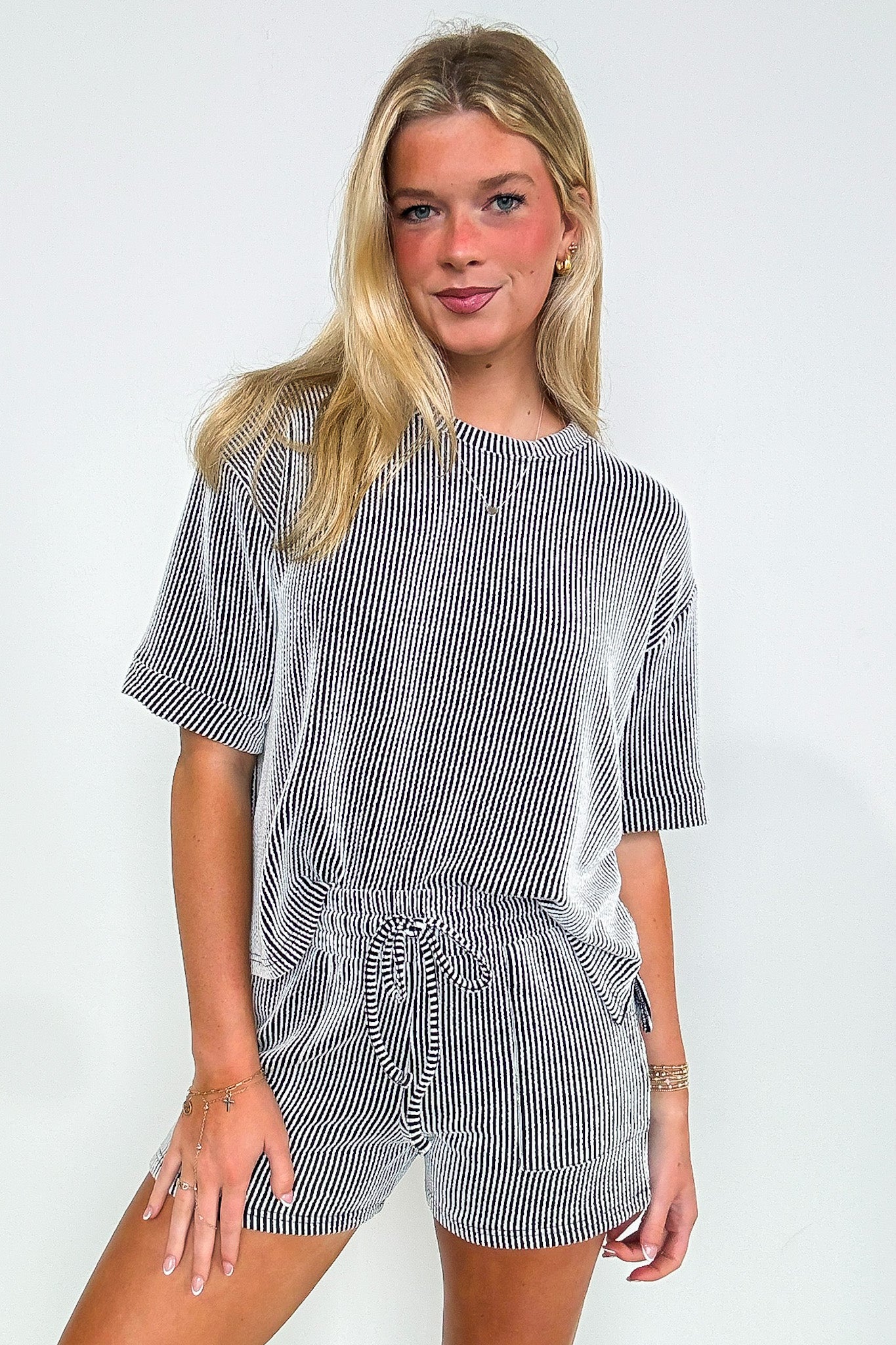 Black/White / S This Feels Nice Corded Rib Knit Elastic Waist Shorts and Top Set - Madison and Mallory