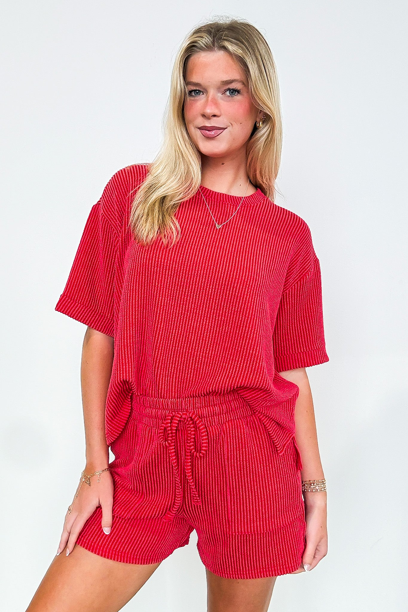 Ruby / S This Feels Nice Corded Rib Knit Elastic Waist Shorts and Top Set - Madison and Mallory