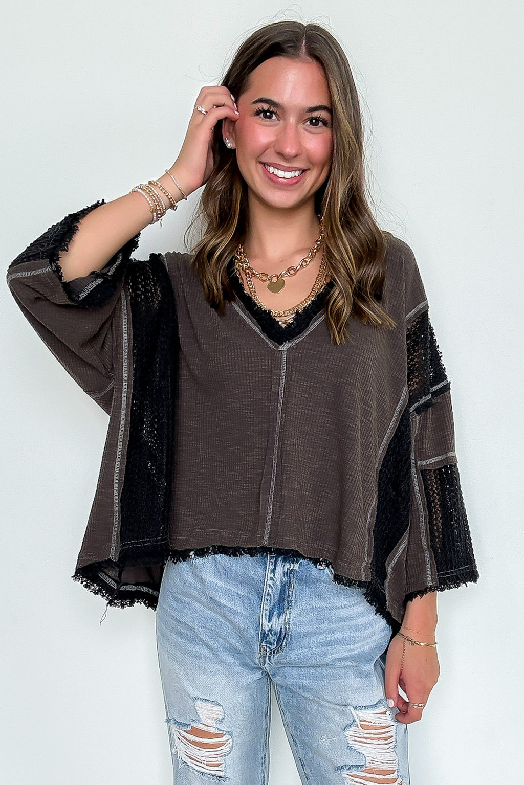 Charcoal / S Threadline Contrast Stitch Boxy Top - Madison and Mallory