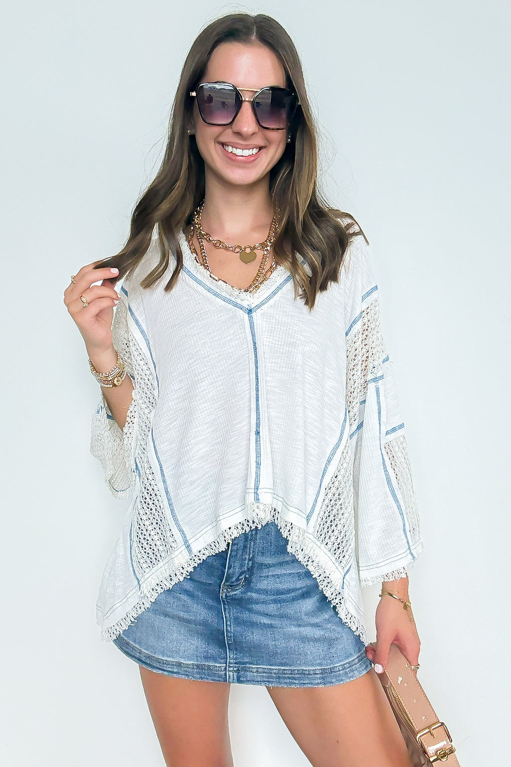 Ivory / S Threadline Contrast Stitch Boxy Top - Madison and Mallory