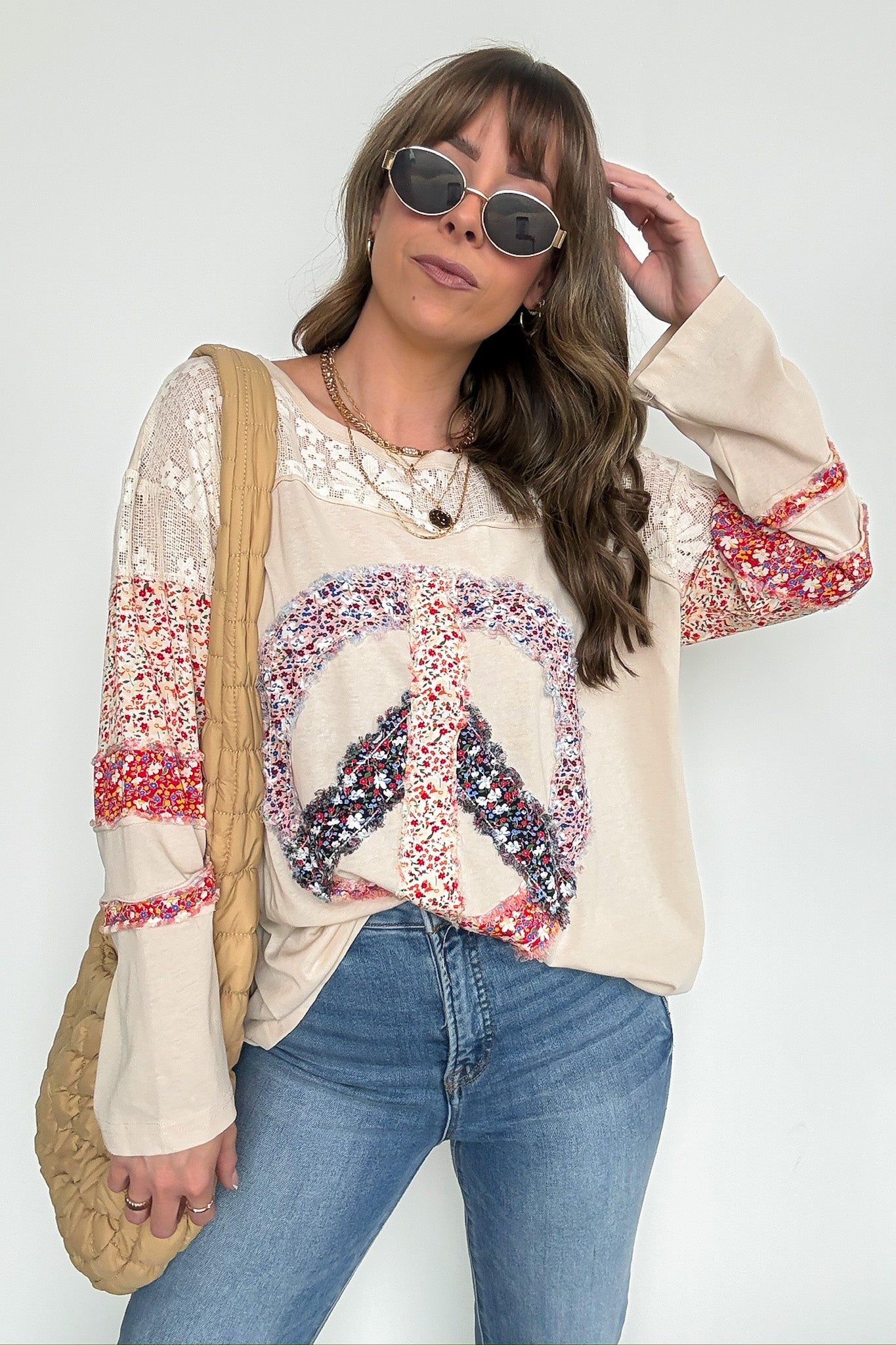 S / Tan Multi Thriving Energy Peace Sign Flower Top - Madison and Mallory