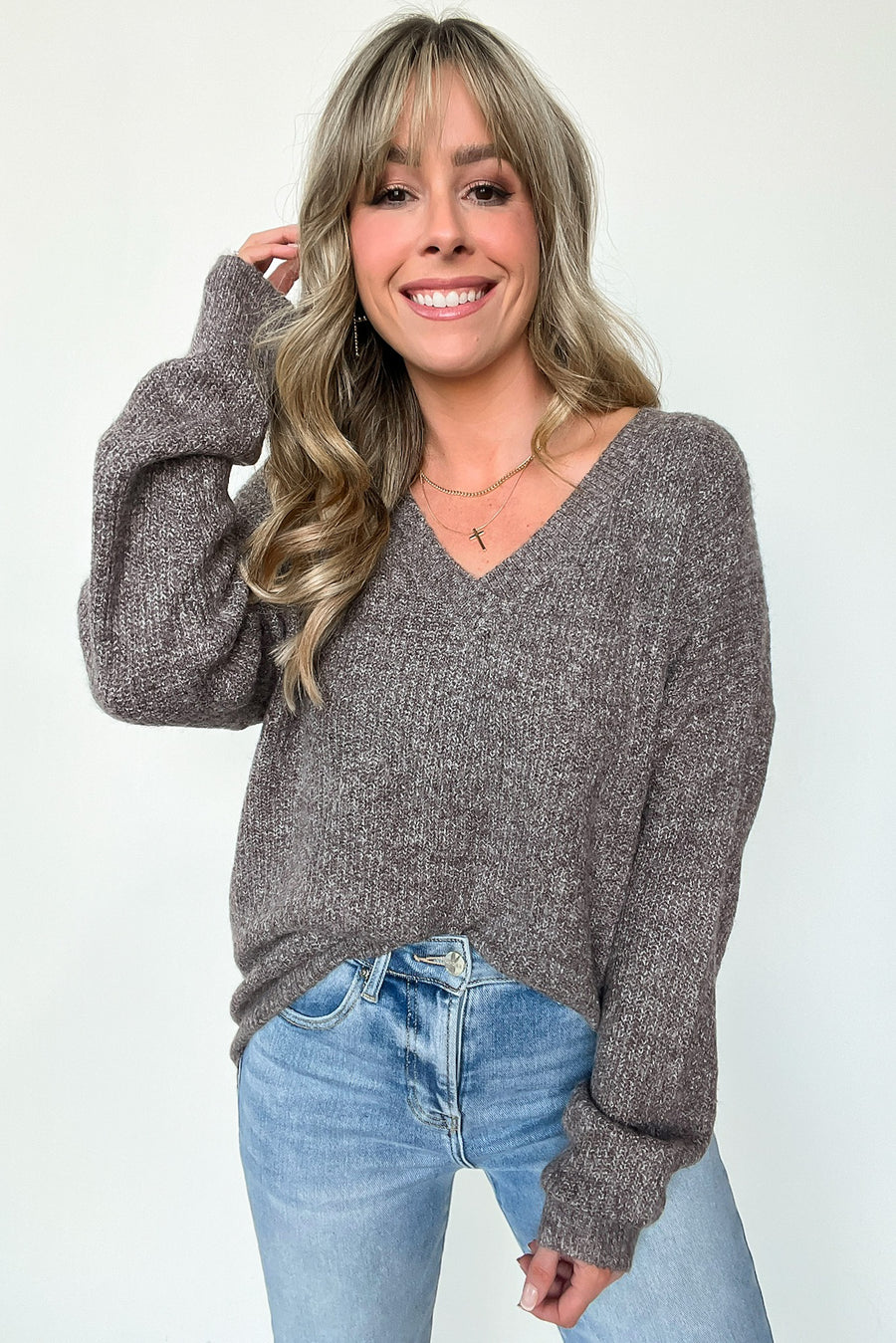 Mocha / S Tiannah V-Neck Ribbed Soft Knit Sweater - FINAL SALE - Madison and Mallory