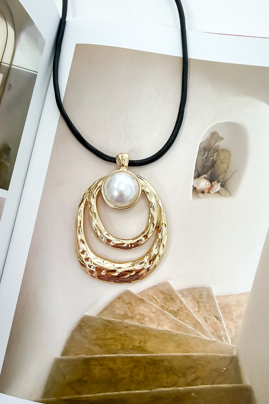 Tidal Glow Hammered Ripple Pearl Stone Drop Necklace