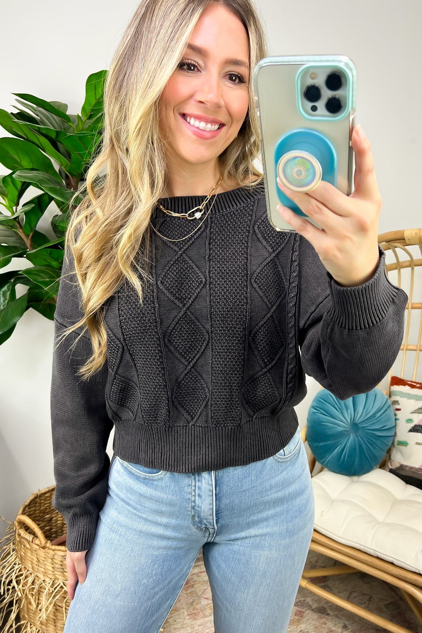  Tiffanie Cable Knit Back V Cropped Sweater - Madison and Mallory