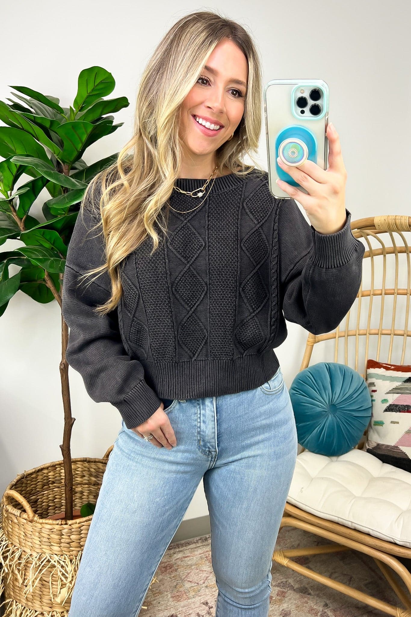 Black / S Tiffanie Cable Knit Back V Cropped Sweater - Madison and Mallory