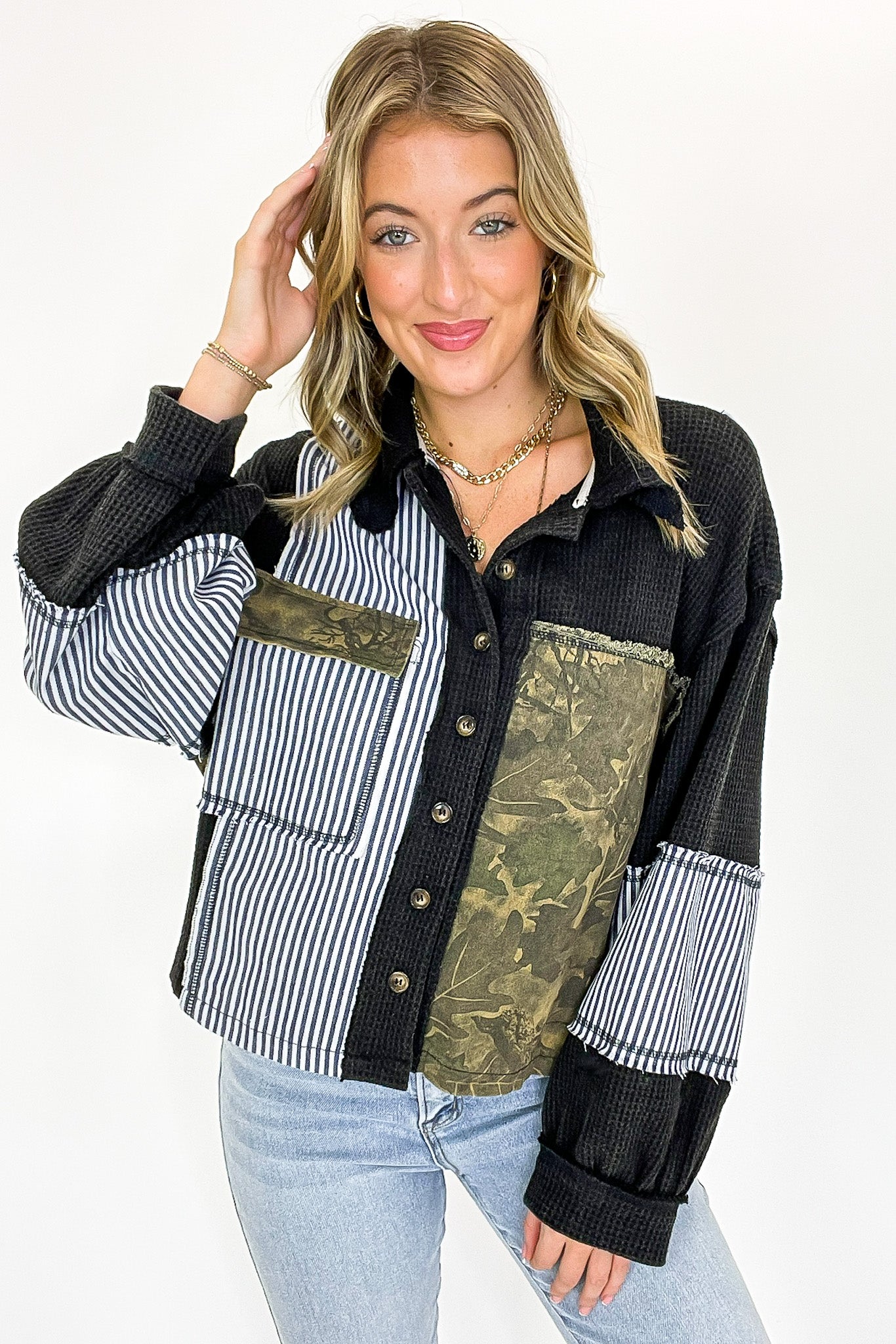 Black / S Timber Thread Camo Contrast Shacket - Madison and Mallory