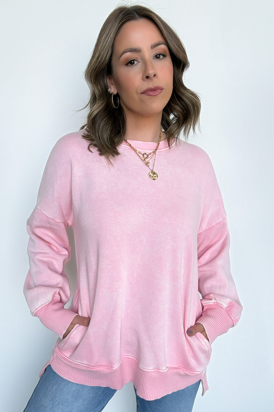 Dark Pink / S Timeless Energy Acid Wash High Low Pullover - Madison and Mallory