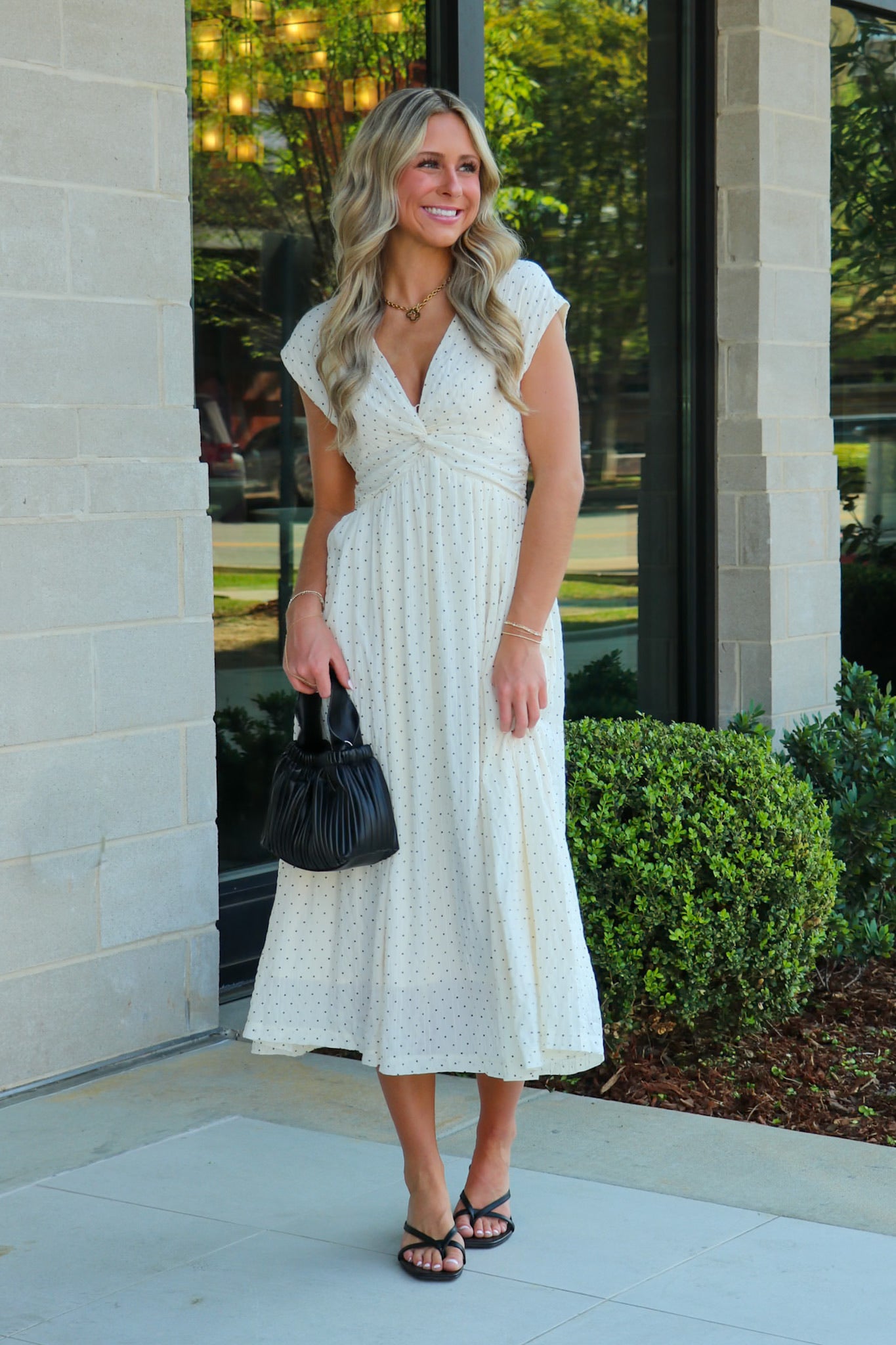 Timeless Twist Polka Dot V-Neck Midi Dress - Madison and Mallory