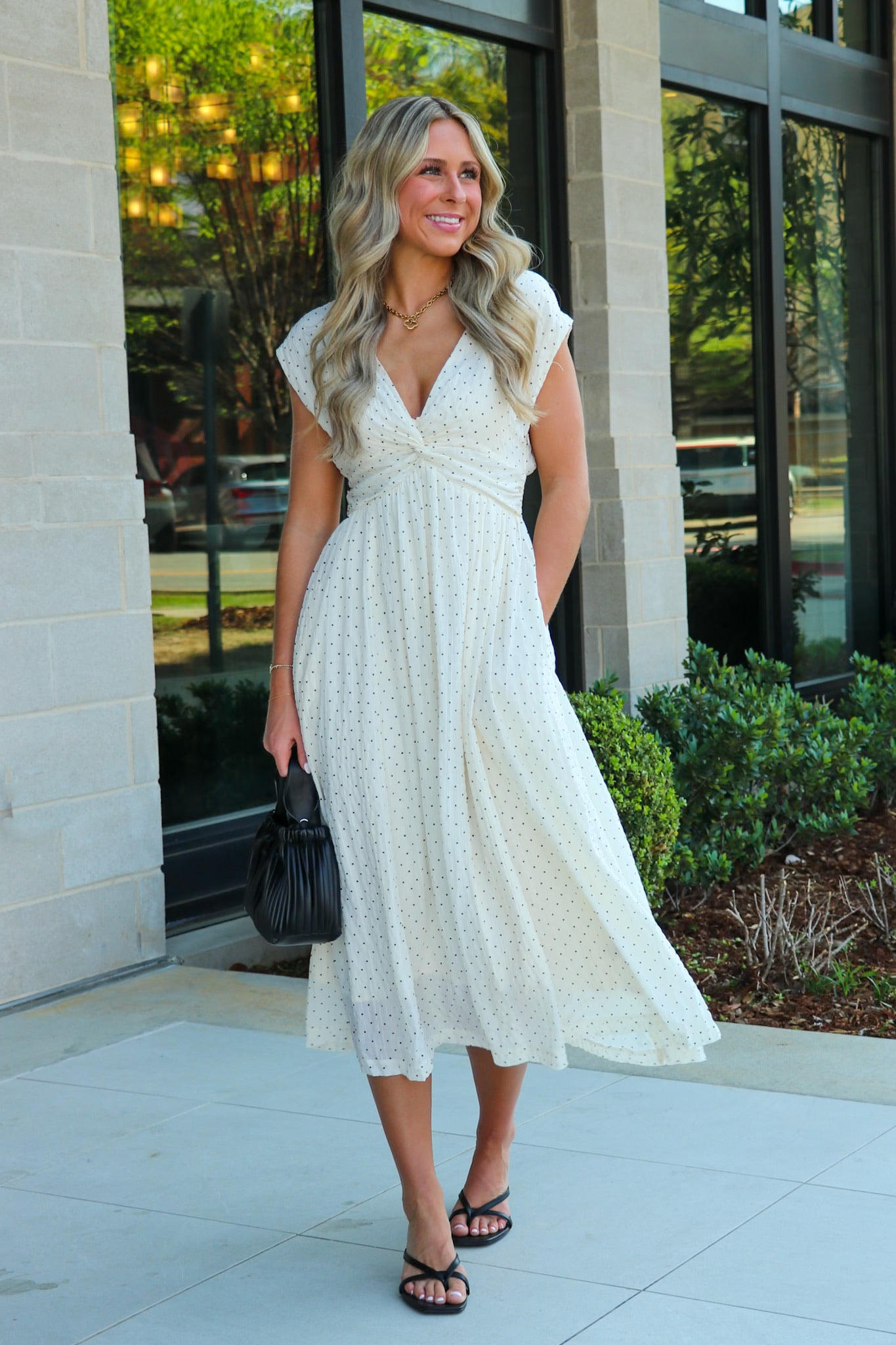 Timeless Twist Polka Dot V-Neck Midi Dress M / Cream