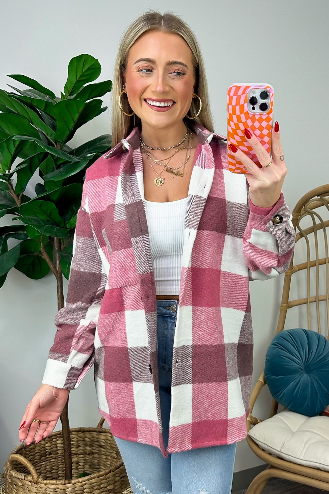 Wine / S Tisla Oversized Plaid Shacket - FINAL SALE - Madison and Mallory