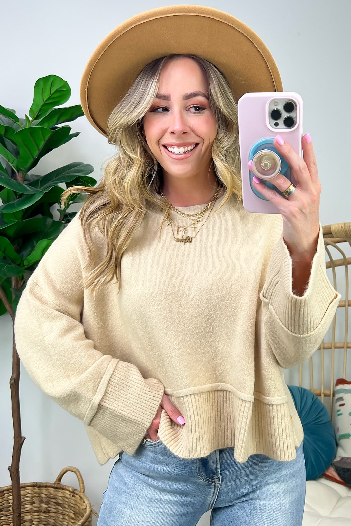 Beige / S Toasty Perfection Button Detail Rib Contrast Sweater - Madison and Mallory