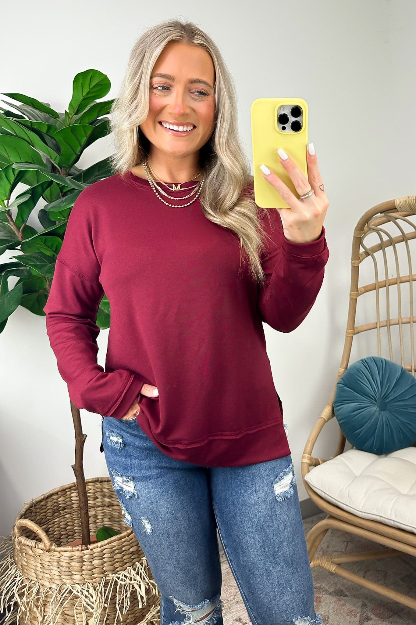 Burgundy / S Torin Side Slit Long Sleeve Pullover - FINAL SALE - Madison and Mallory