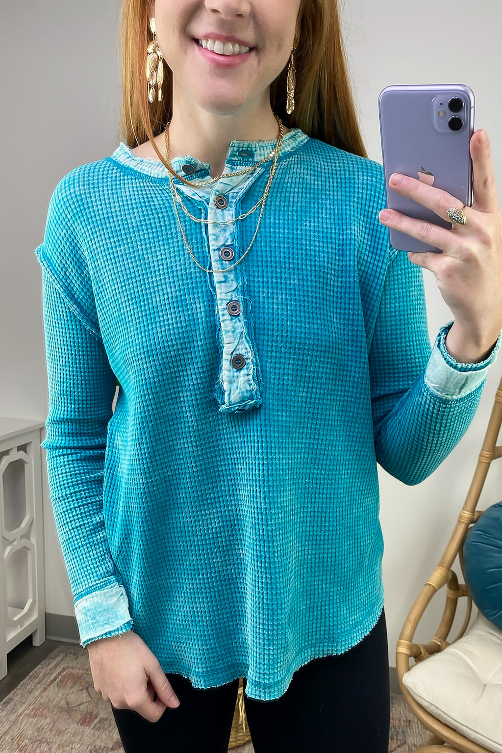  Tova Mineral Wash Waffle Knit Henley Top - FINAL SALE - Madison and Mallory