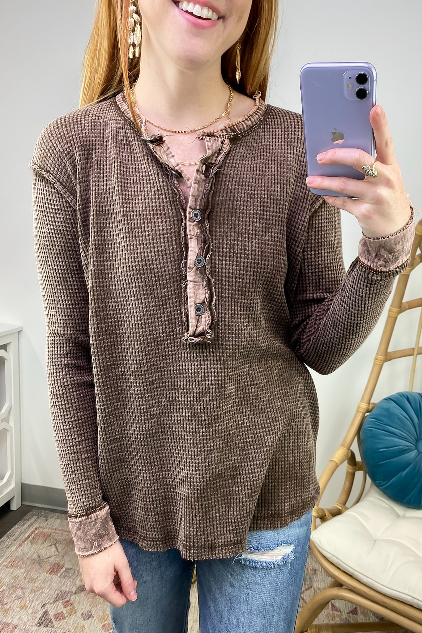  Tova Mineral Wash Waffle Knit Henley Top - FINAL SALE - Madison and Mallory
