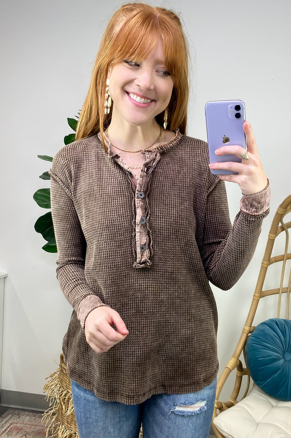  Tova Mineral Wash Waffle Knit Henley Top - FINAL SALE - Madison and Mallory
