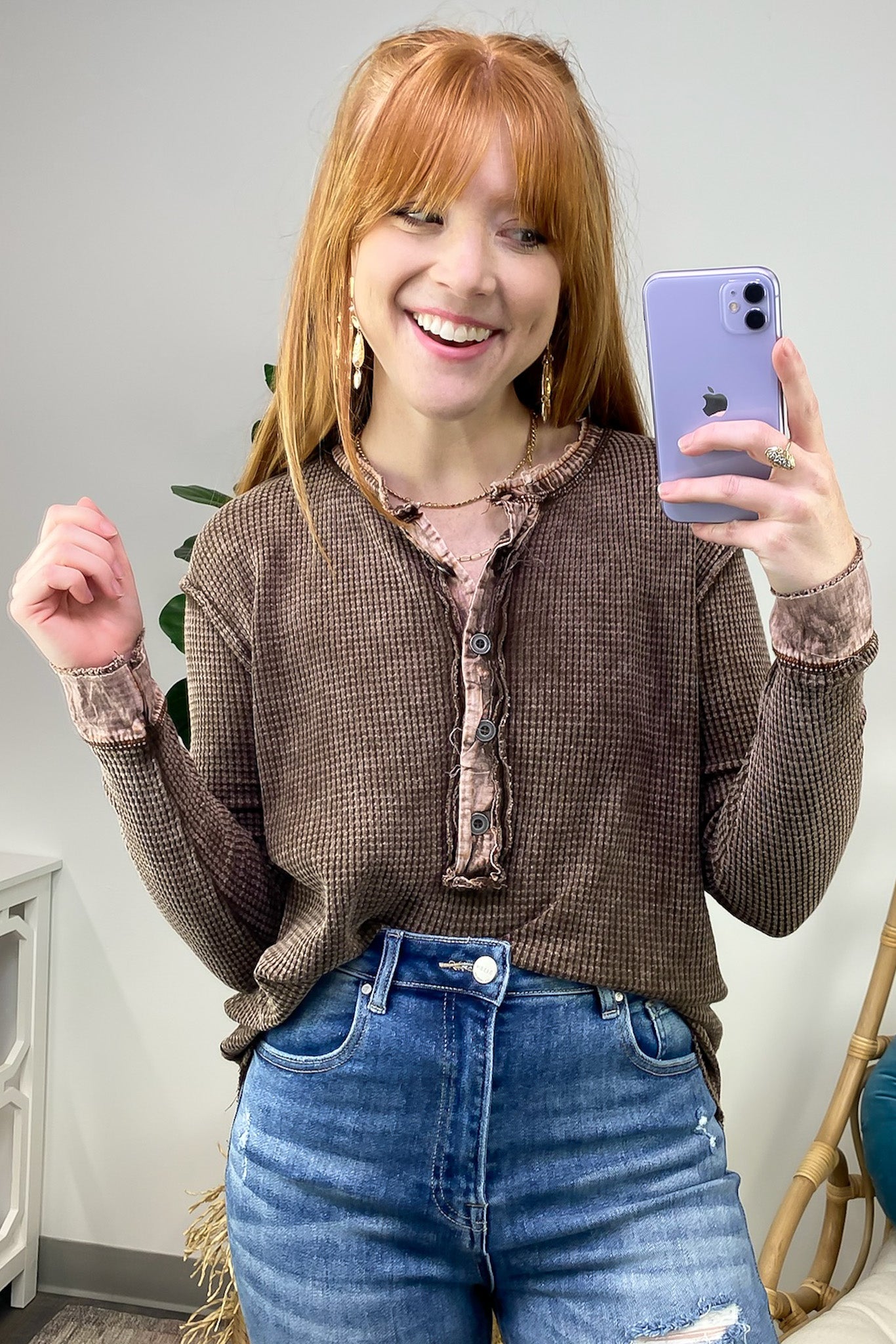 Brown / S Tova Mineral Wash Waffle Knit Henley Top - FINAL SALE - Madison and Mallory