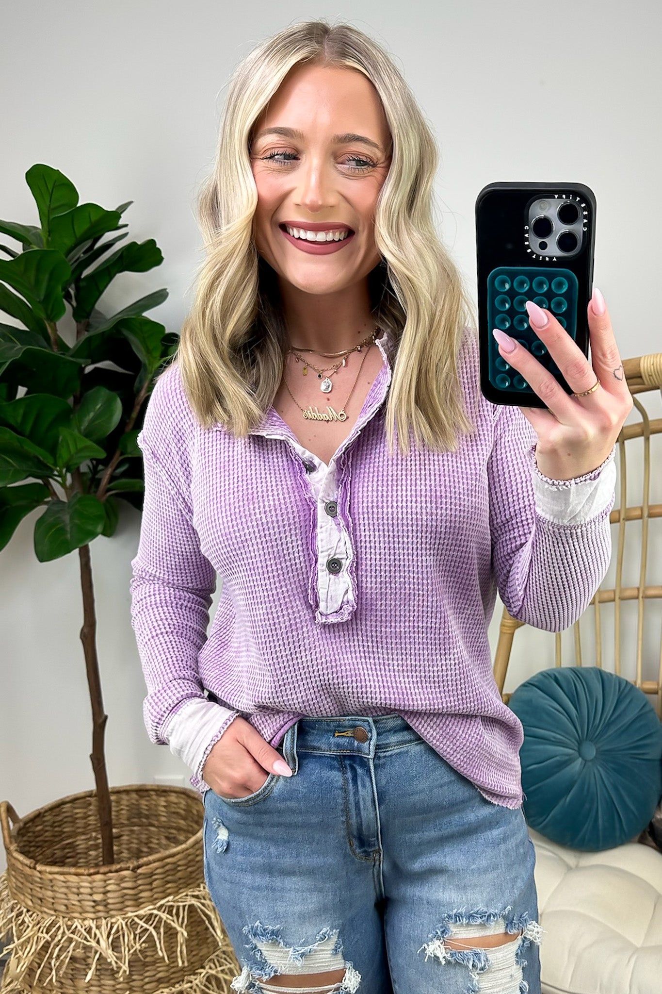 Bright Violet / S Tova Mineral Wash Waffle Knit Henley Top - Madison and Mallory